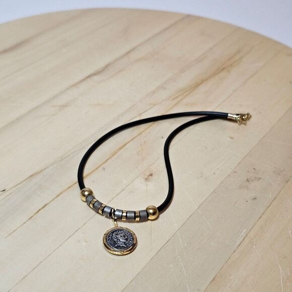 Roman Stye Coin In Bezel Pendant With Metal Beads Signed "RR" - Picture 1 of 6